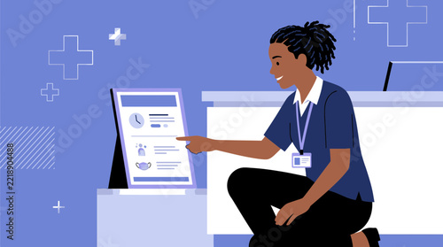Healthcare worker explaining information on a tablet screen, isolated
