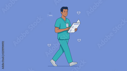 Male Nurse Walking and Reading Medical Journal