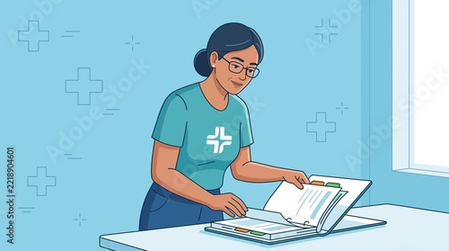 Healthcare worker reviewing medical documents on desk, isolated on transparent background