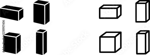 The image showcases a series of four black, rectangular objects arranged in an ascending order from left to right, each with distinct heights and orientations against a stark white background