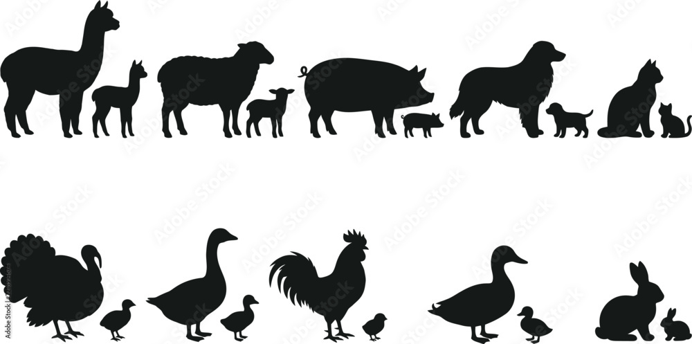 Fototapeta premium Farm Animals with Babies Silhouette Vector Set - Mother and Baby Livestock Domestic Animals Silhouette Icons