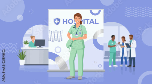Female Nurse Smiling with Stethoscope, Hospital Banner Background