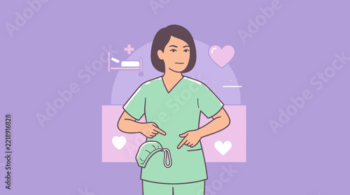 Female Nurse Pointing to Waist, Medical Illustration, Transparent Background