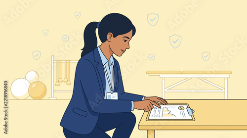 Female Physiotherapist Reviewing Patient Report on Clipboard