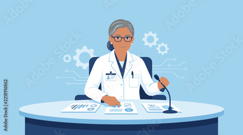 Female Scientist Speaking at Podium with Charts and Microphones Isolated