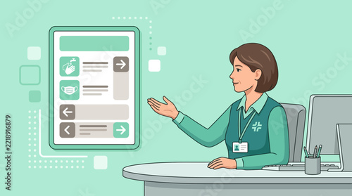 Female Receptionist Offering Service Next to Digital Screen