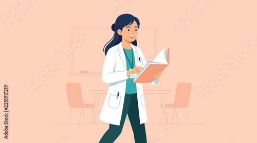 Female Doctor in Lab Coat Holding Folder, Isolated on Transparent Background