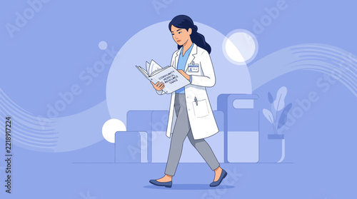 Female doctor in lab coat reading medical book, isolated on transparent background