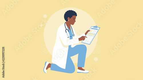 Female Doctor Kneeling with Clipboard and Stethoscope, Medical Professional Isolated