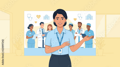 Female Doctor Leads Medical Team with Healthcare Icons