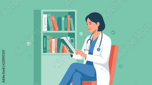 Female Doctor Reading Book, Medical Education, Knowledge