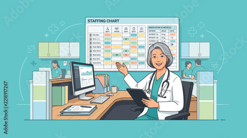 Female Doctor Presents Hospital Staffing Chart, Medical Office Scene