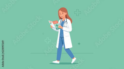 Female doctor reading medical journal, isolated on transparent background