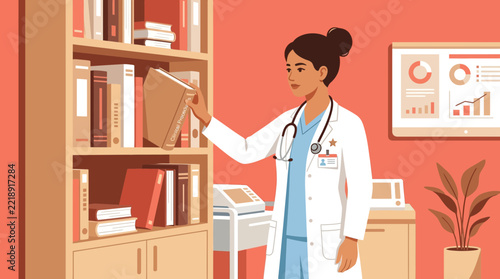 Female Doctor Selecting Book from Shelf in Medical Office