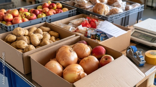 Food bank distribution boxes with potatoes onions apples canned goods and scale for charity packaging donation drive poster and community food aid design