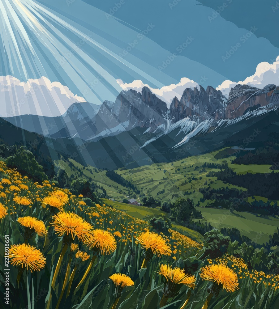 Naklejka premium beautiful dolomites landscape with blooming meadow in summer illustration