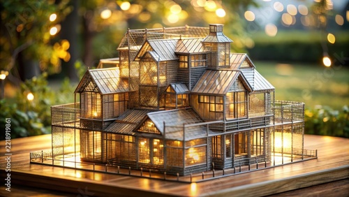 A delicate miniature mansion rises with precision crafted from interlocking cubes and steel wire in painstaking detail