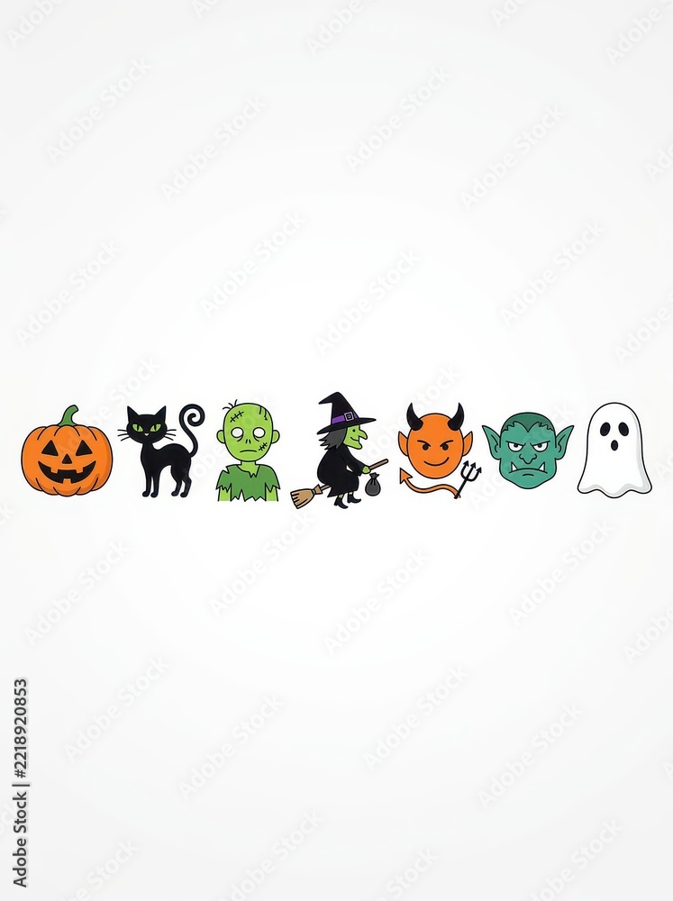 Fototapeta premium Set of Cute Halloween Cartoon Characters and Icons Including Pumpkin, Witch, Ghost, and Zombie on White Background