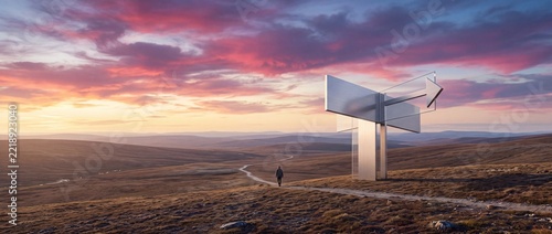 A person walking on a path in a vast mountain landscape towards a large modern metal directional arrow signpost under a dramatic pink sunset sky, symbolizing future goals and life journey.