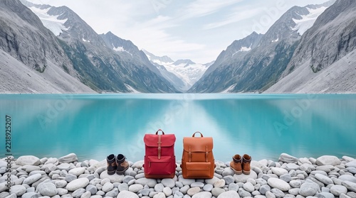 Two stylish backpacks and hiking boots on a pebbled shore overlooking a turquoise alpine lake with majestic snow-capped mountains, perfect for adventure and outdoor travel concepts.