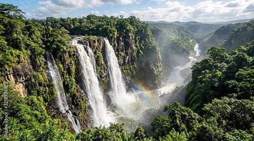 Massive waterfalls cascade down a sheer dark cliff face surrounded by lush green vegetation and drifting mist under a bright sunny sky
