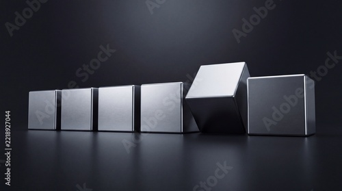Minimalist 3D Illustration of Premium Brushed Metal Cubes in a Row with One Tilted Square for Business Concept of Uniqueness, Leadership, and Quality Commercial Upgrade Design on Dark Background