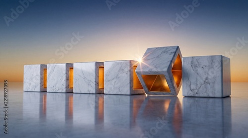 Premium Abstract 3D Render of White Marble Cubes with Glowing Golden Interior on Reflective Surface at Sunset, Symbolizing Business Growth, Commercial Upgrade, and High-Value Transformation Concept