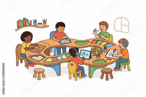 Children Learning and Collaborating Around a Table