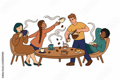 Adults Enjoying Coffee Together at Table