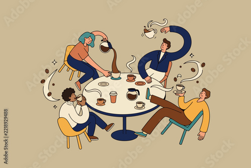 Adults Enjoying Coffee Together at Table