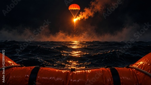 Parachute flare illuminating stormy ocean water beside a life raft at night