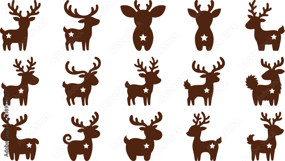 Fototapeta premium Cute Reindeer Character Collection with Christmas Themed Cartoon Deer Silhouettes