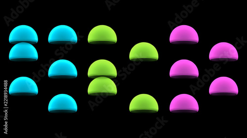 A collection of colorful neon glowing dome shapes arranged in a pattern against a solid black background