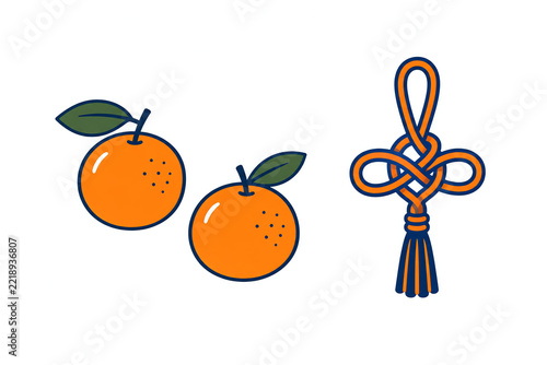 Mandarin oranges with decorative knot illustration on white