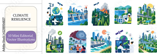 Climate Resilience, Environmental Technology and Sustainable Innovation — 10 Mini Editorial Vector Illustrations