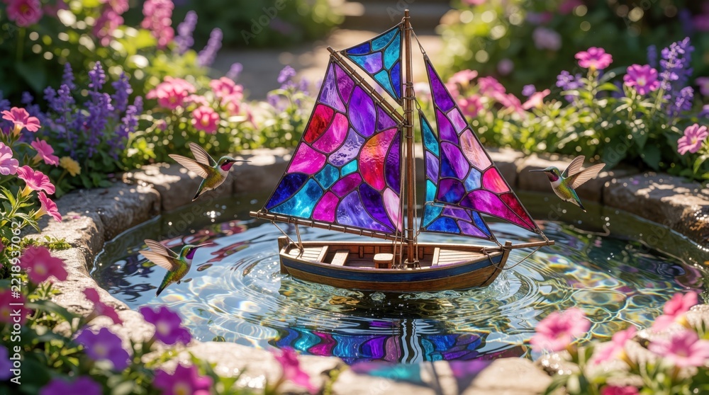 Fototapeta premium Small colorful sailboat floats on water in garden fountain. Vibrant stained glass sails shine in sunlight. Hummingbird birds fly near wooden boat. Beautiful flower garden background with pink, purple