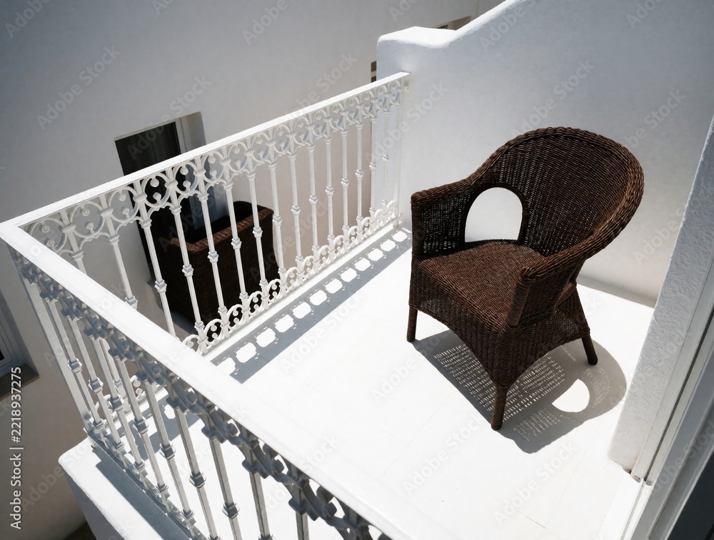 Fototapeta premium Brown wicker armchair sits on white balcony. Empty outdoor chair with decorative metal railing under bright sun. Modern house terrace with cozy furniture for relaxation. Minimalist summer home design