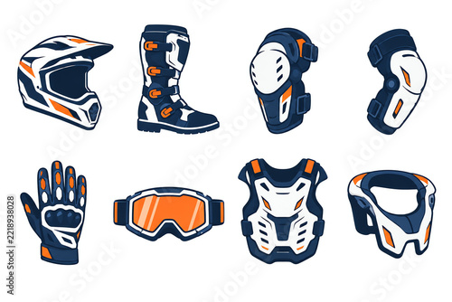 Motor sport protective equipment icon set on white