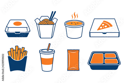 Unbranded takeaway food packaging icon set on white