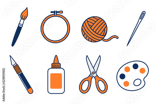 Creative craft equipment icon set on white