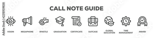 Call Note Guide with icon of Vision, Megaphone, Whistle, Graduation, Certificate, Suitcase, Global education, Time management, Award