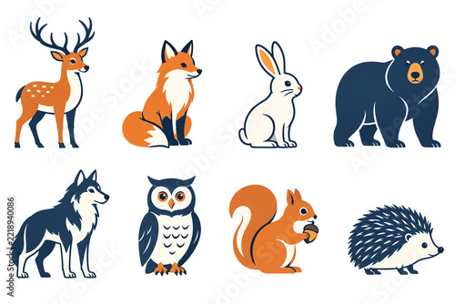 Woodland animal icon set on white