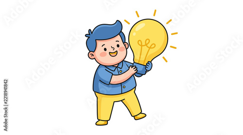 Boy Holding Light Bulb Vector Illustration