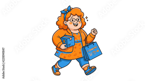 Woman Carrying E-Commerce Shopping Bag Vector Illustration