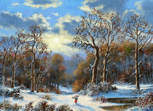 Winter Forest Landscape with Snow-Covered Trees, Blue Sky and Peaceful Woodland Path