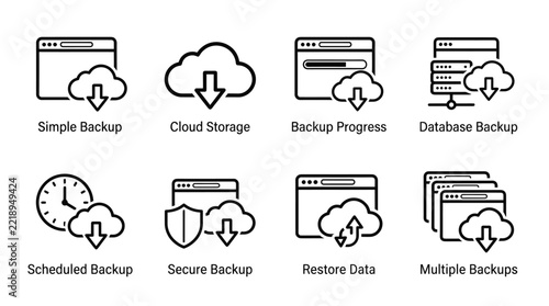 Cloud backup and data storage outline vector icons set