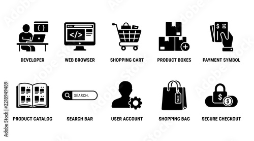Set of e-commerce and web development black glyph icons vector