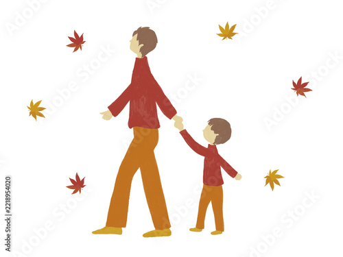 散歩する親子と紅葉のイラスト