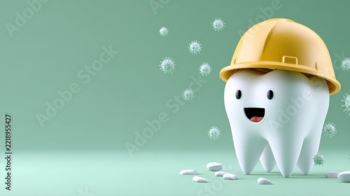 A cheerful cartoon tooth wearing a construction helmet with floating germs on a soft green background