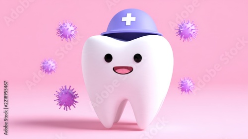 A smiling tooth character wearing a cap, surrounded by cartoon-like viruses on a pink background